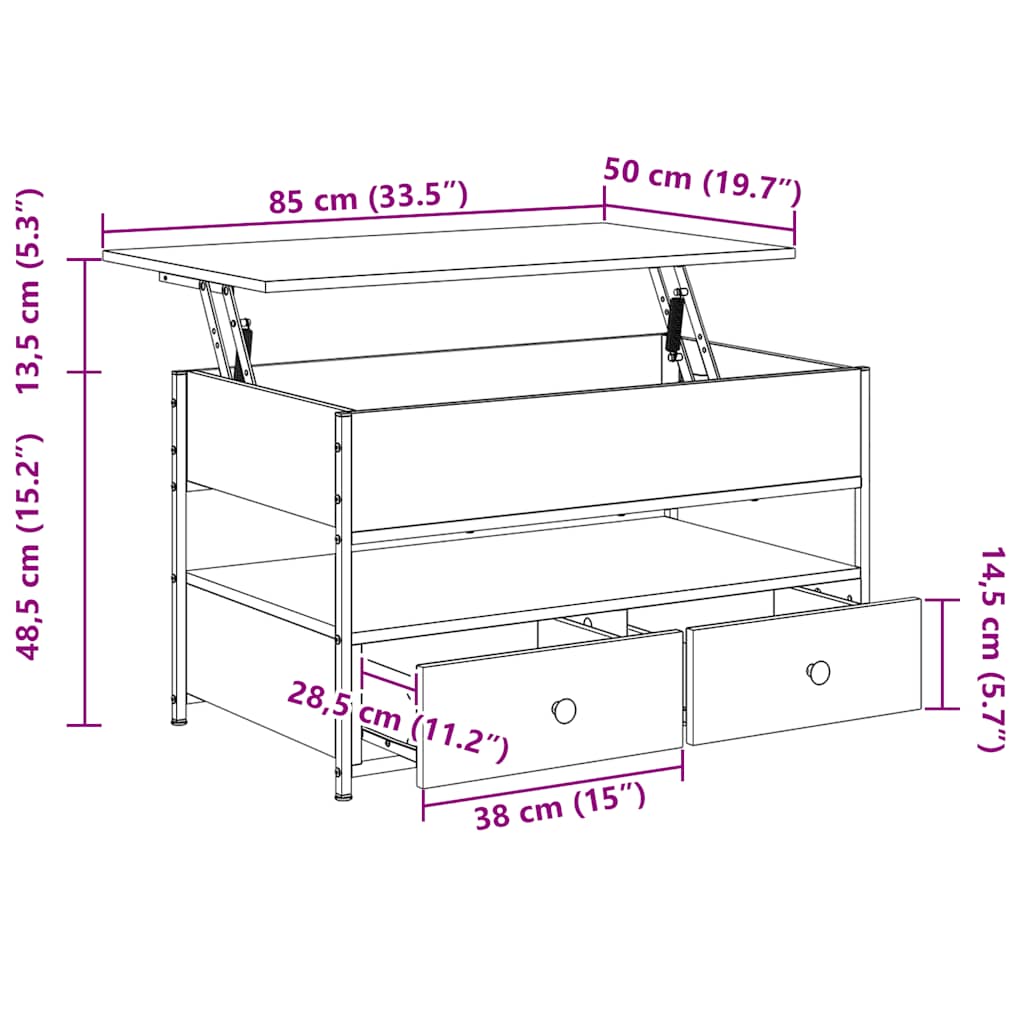 sofabord 85x50x50 cm konstrueret træ og metal sonoma-eg