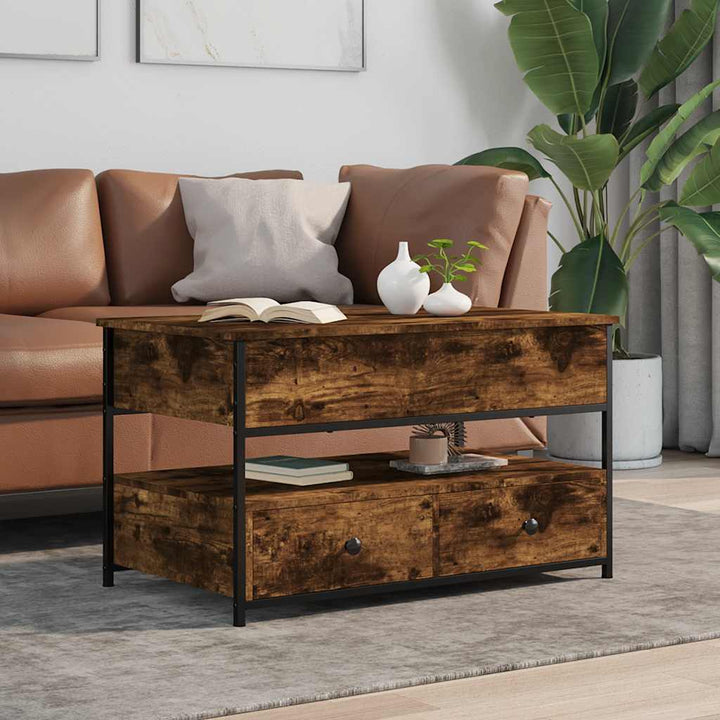 sofabord 85x50x50 cm konstrueret træ og metal røget eg