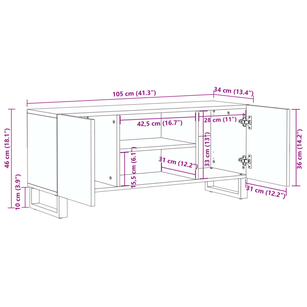 tv-bord 105x34x46 cm massivt mangotræ hvid