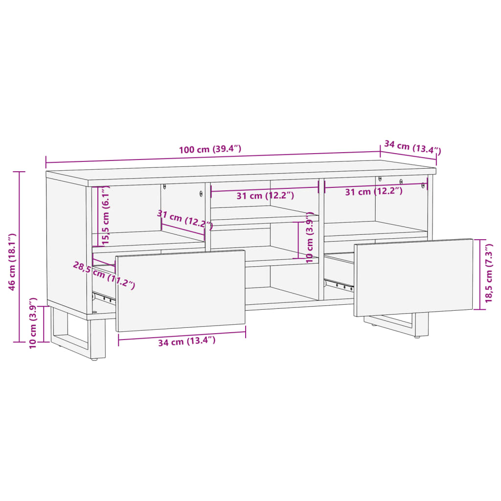 tv-bord 100x34x46 cm massivt ru mangotræ