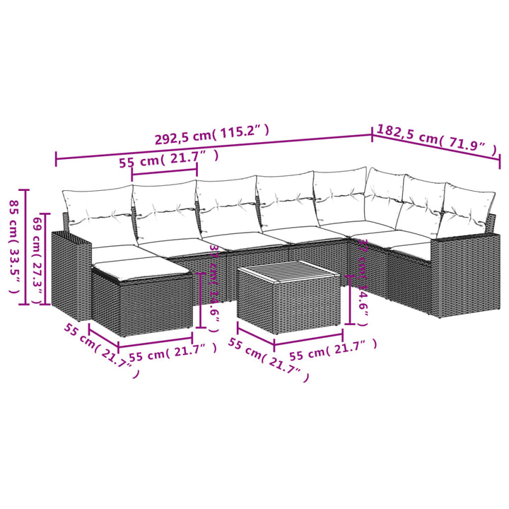 sofasæt til haven 9 dele med hynder polyrattan beige