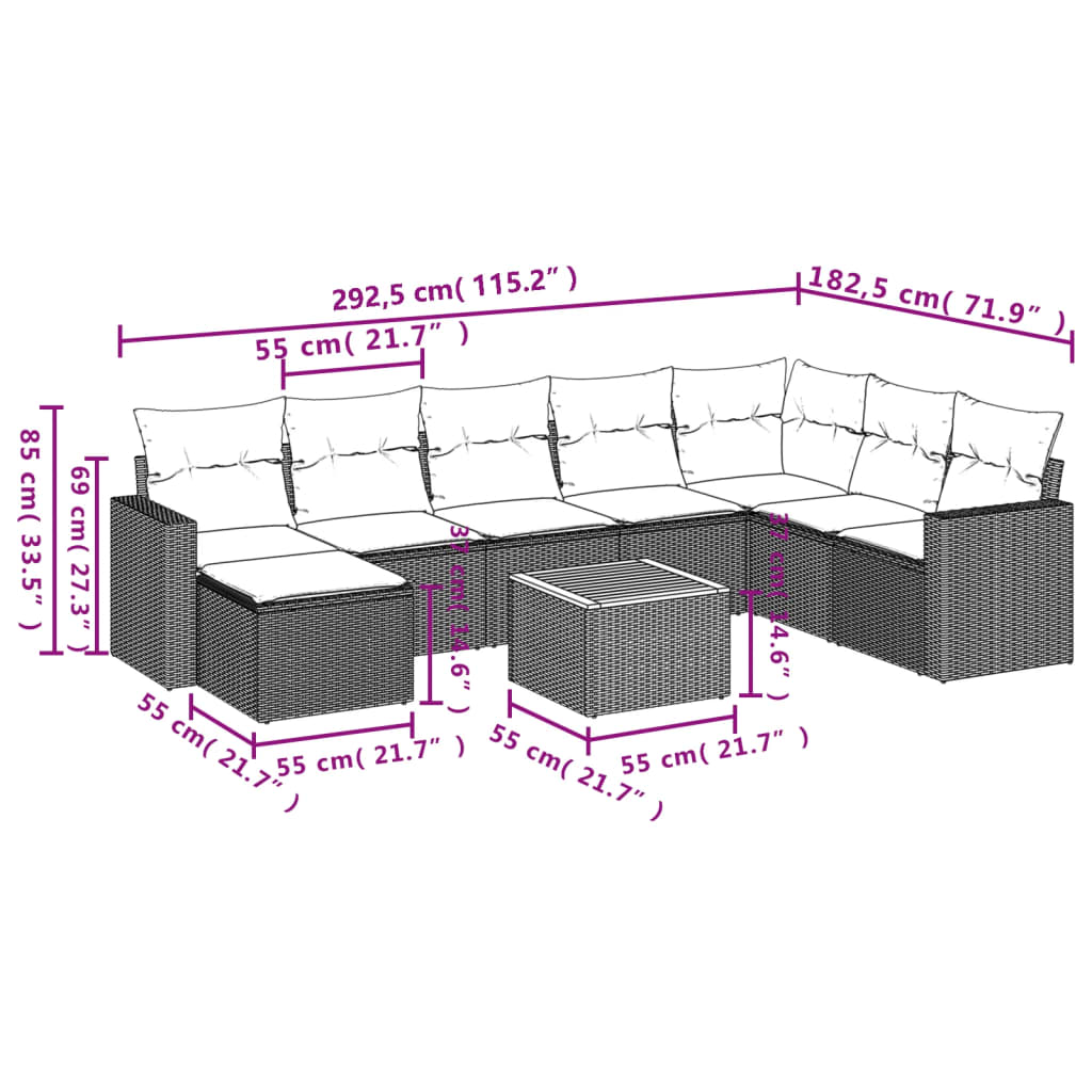 sofasæt til haven 9 dele med hynder polyrattan grå