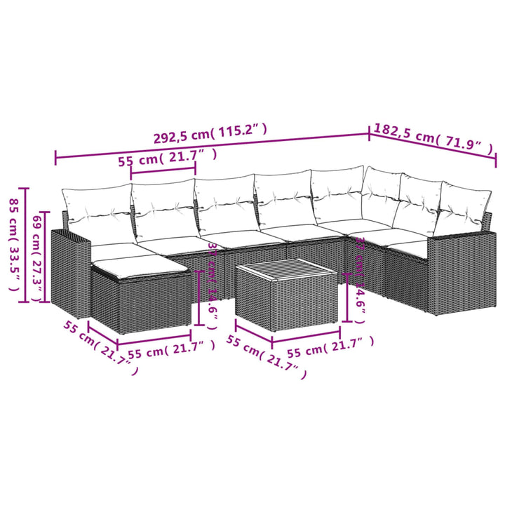 sofasæt til haven 9 dele med hynder polyrattan grå
