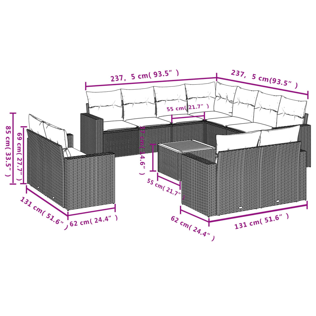 sofasæt til haven 12 dele med hynder polyrattan beige