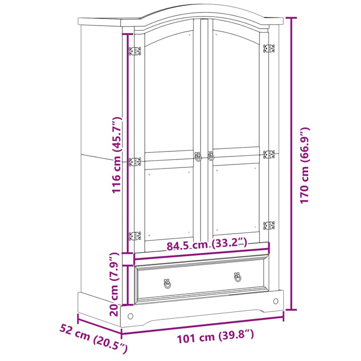 garderobe "Corona" 101x52x170 cm massivt træ fyrretræ