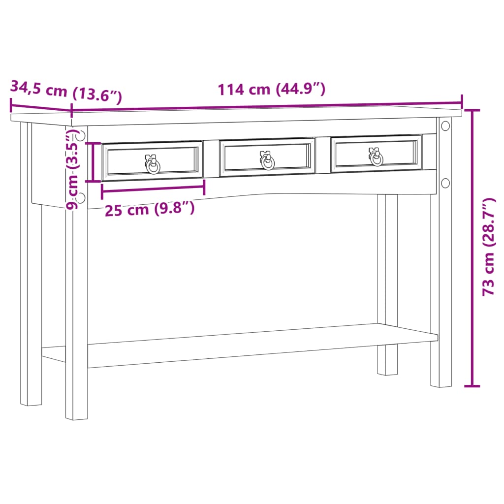 konsolbord "Corona" 114x34,5x73 cm massivt træ fyrretræ