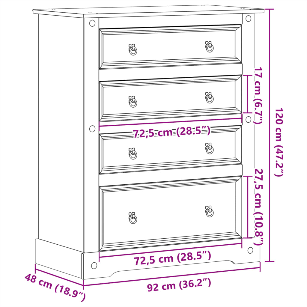 kommode Corona 92x48x120 cm massivt fyrretræ