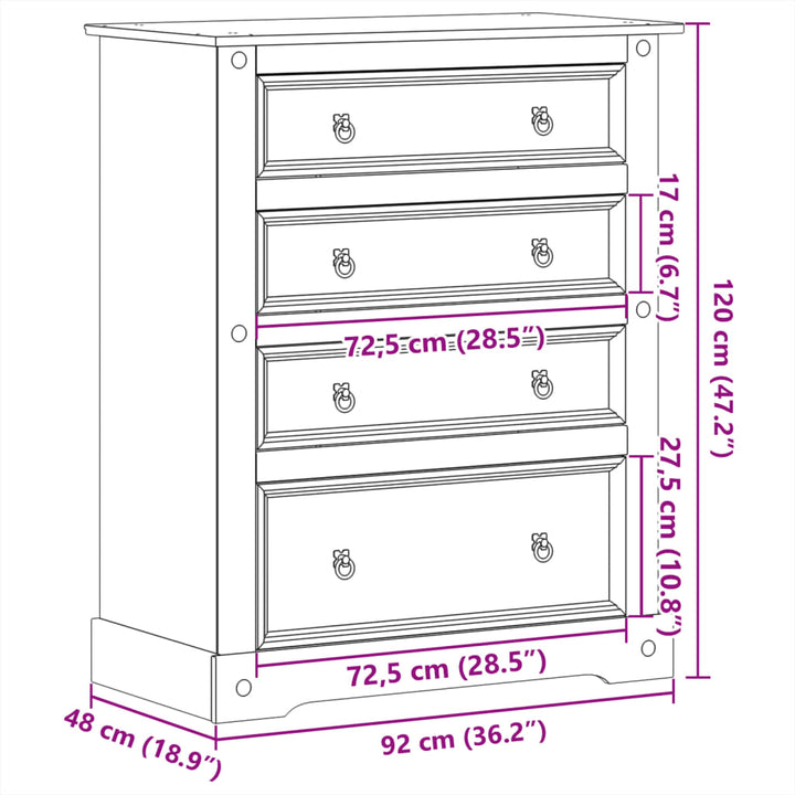 kommode Corona 92x48x120 cm massivt fyrretræ