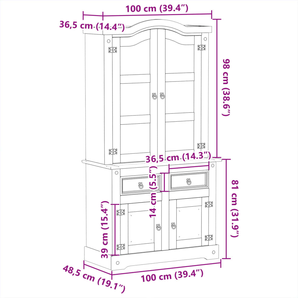 glasskab Corona 100x48,5x179 cm massivt fyrretræ
