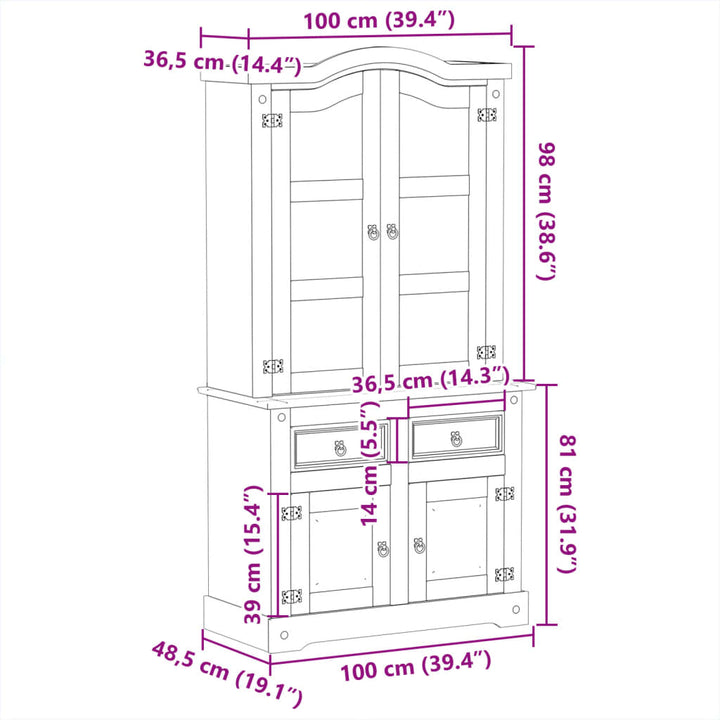 glasskab Corona 100x48,5x179 cm massivt fyrretræ
