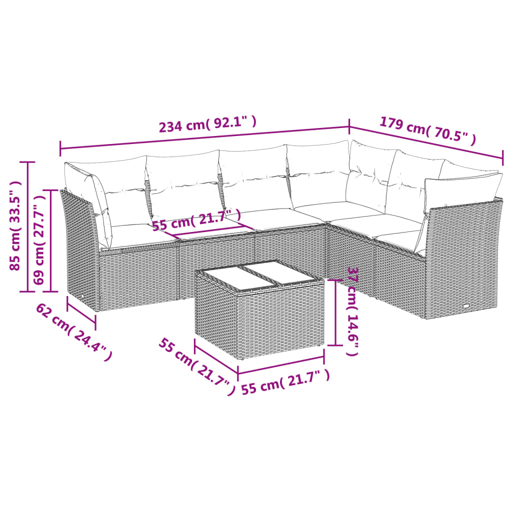 sofasæt til haven 7 dele med hynder polyrattan lysegrå