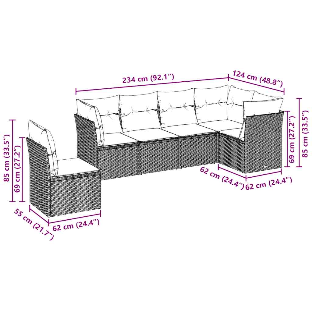 sofasæt til haven 6 dele med hynder polyrattan lysegrå