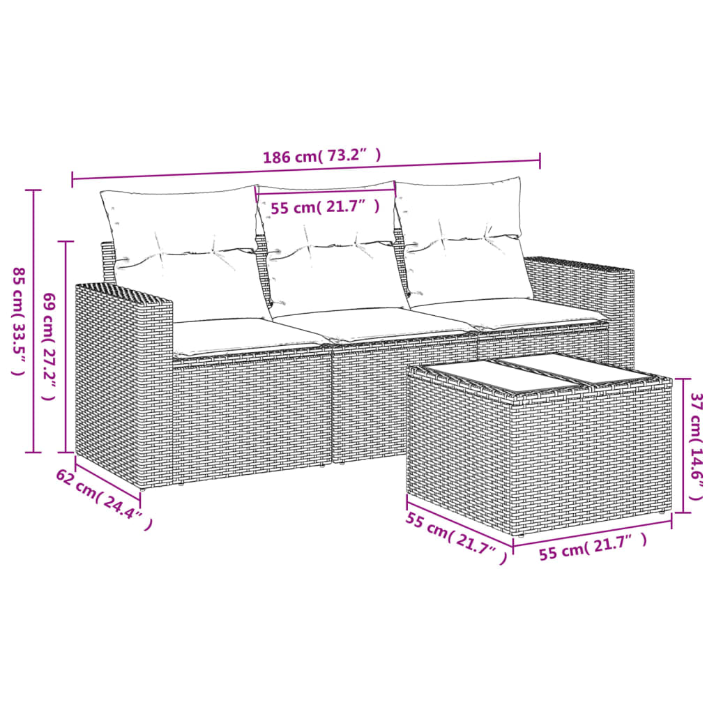 sofasæt til haven 4 dele med hynder polyrattan sort