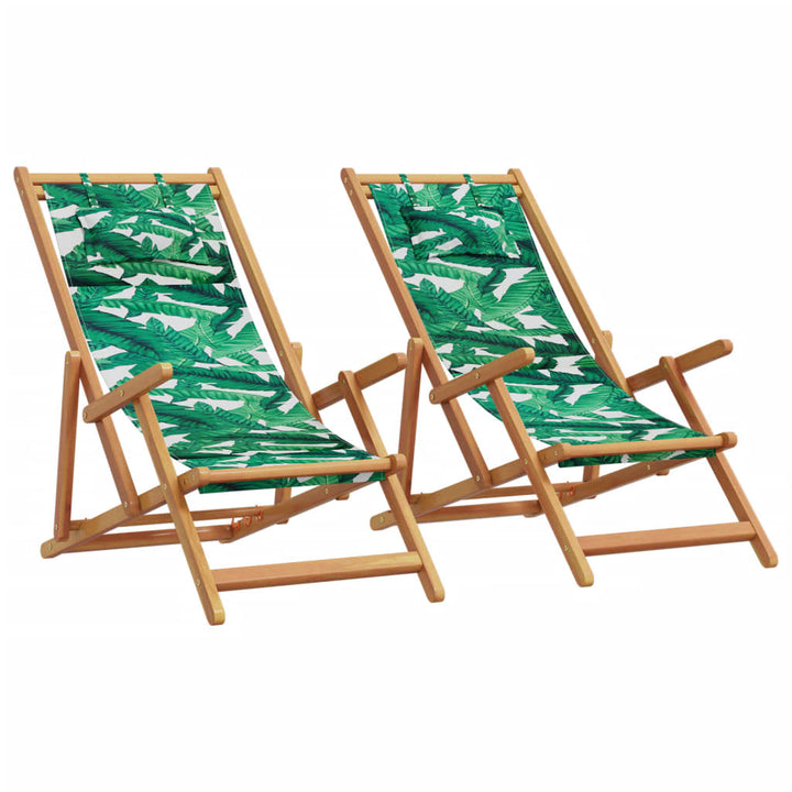 strandstole 2 stk. foldbar stof og massivt træ bladmønster