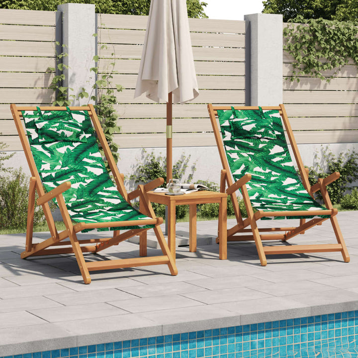 strandstole 2 stk. foldbar stof og massivt træ bladmønster