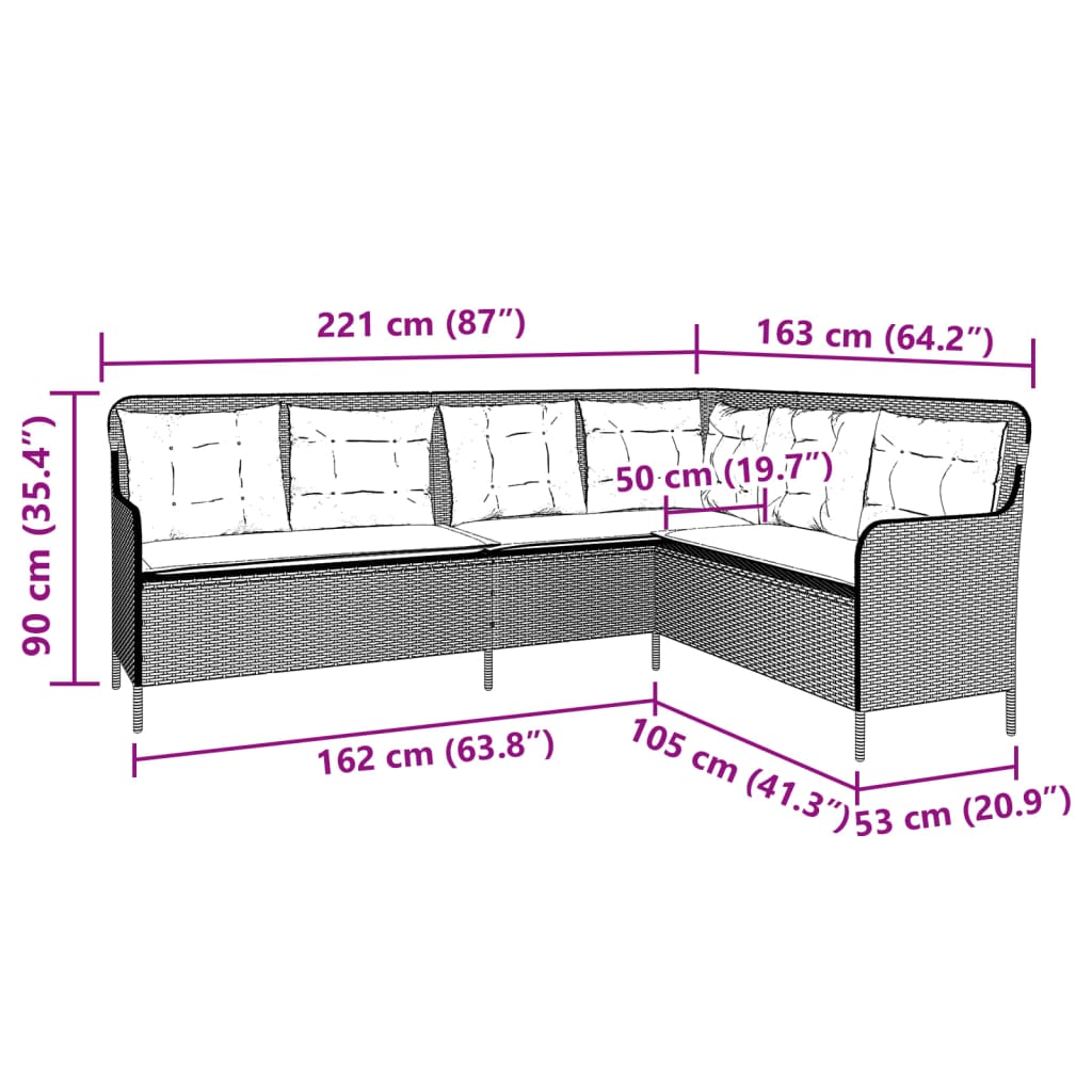 havesofa med hynder L-formet polyrattan sort