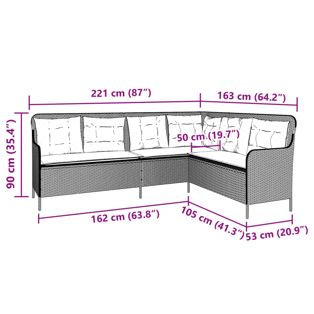 havesofa med hynder L-formet polyrattan beige