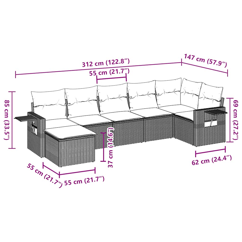 sofasæt til haven 7 dele med hynder polyrattan brun