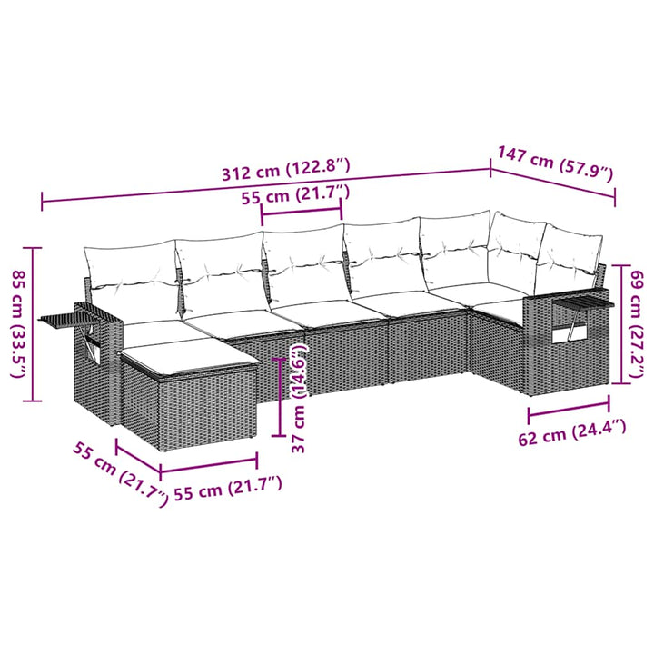 sofasæt til haven 7 dele med hynder polyrattan brun