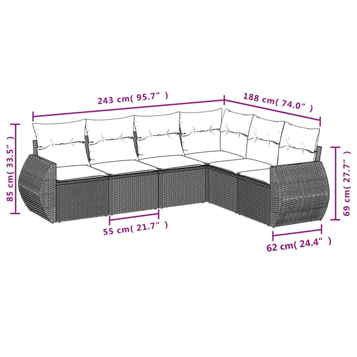 sofasæt til haven 6 dele med hynder polyrattan brun