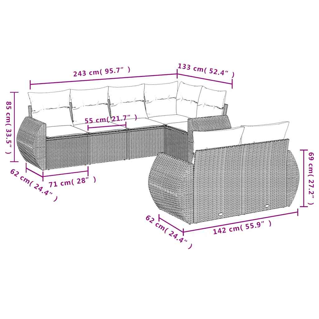 sofasæt til haven 7 dele med hynder polyrattan lysegrå