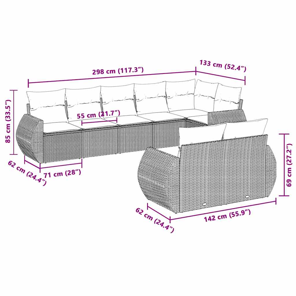 sofasæt til haven 8 dele med hynder polyrattan lysegrå