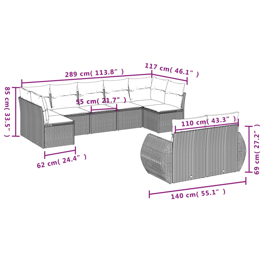 sofasæt til haven 9 dele med hynder polyrattan beige