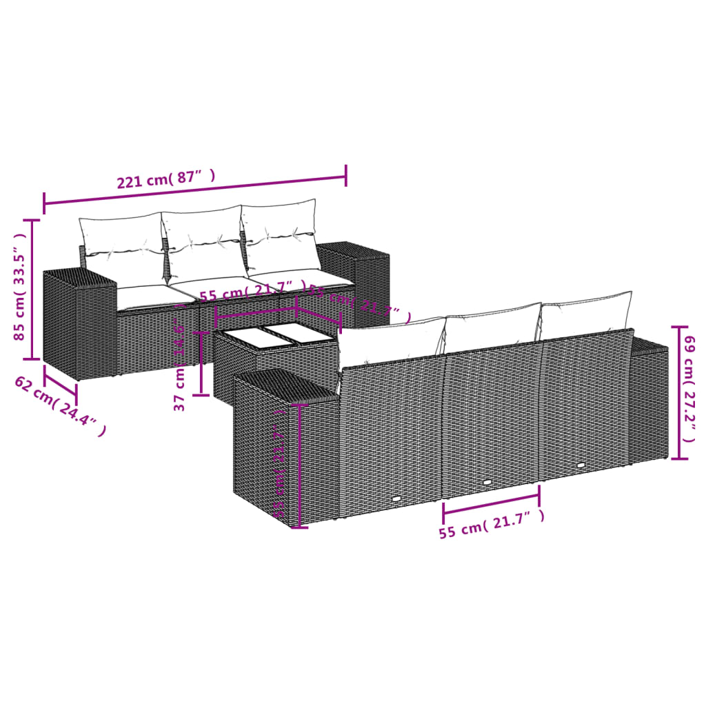 sofasæt til haven 7 dele med hynder polyrattan sort