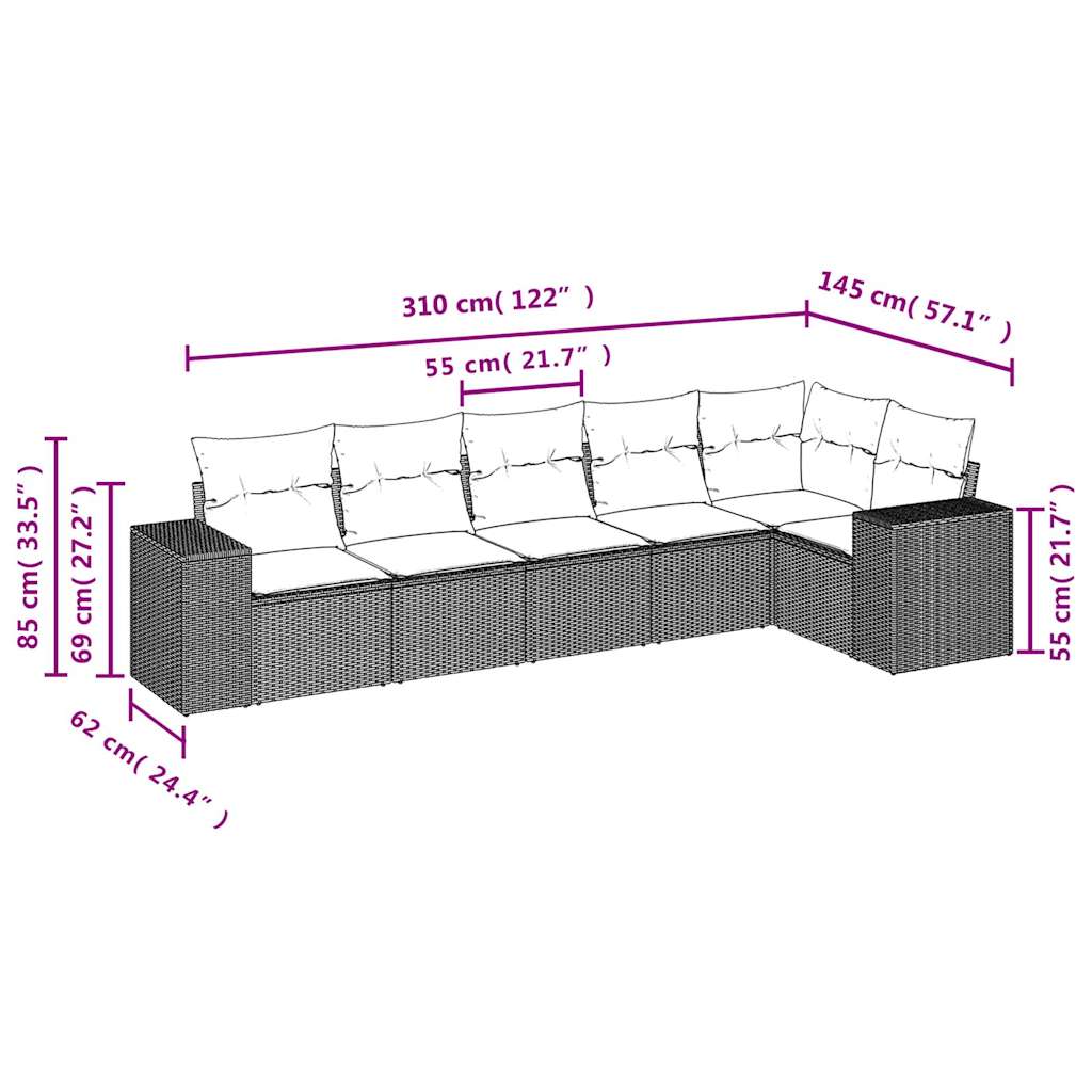 sofasæt til haven 6 dele med hynder polyrattan sort