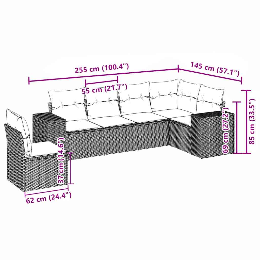 sofasæt til haven 6 dele med hynder polyrattan lysegrå