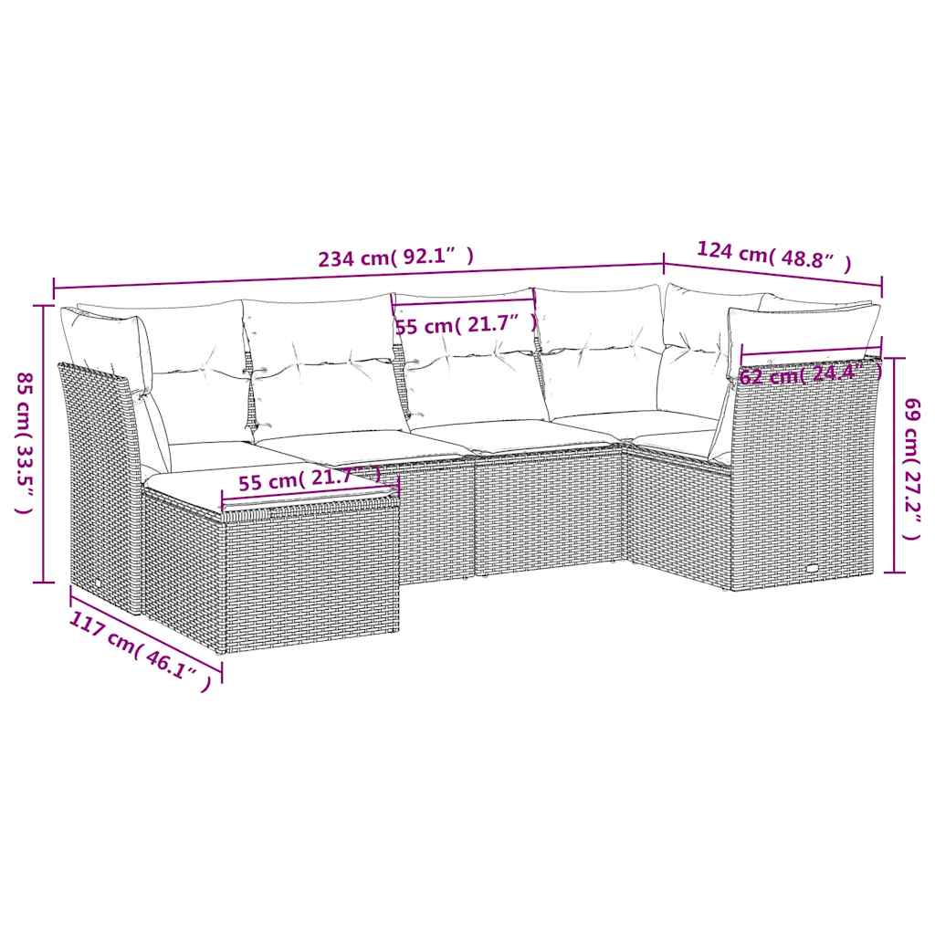 sofasæt til haven 6 dele med hynder polyrattan brun
