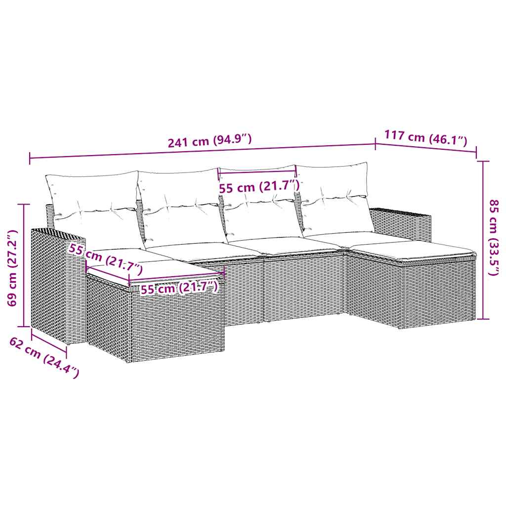 sofasæt til haven 6 dele med hynder polyrattan brun