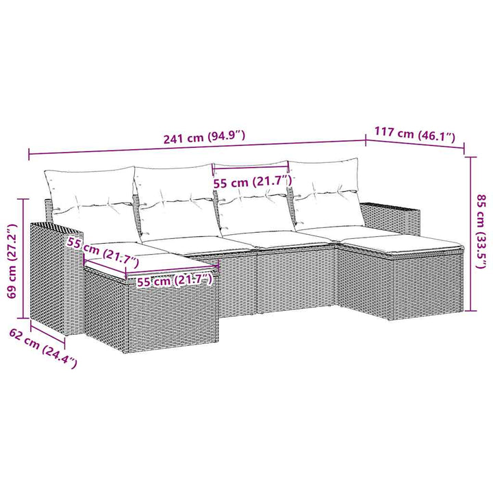 sofasæt til haven 6 dele med hynder polyrattan brun