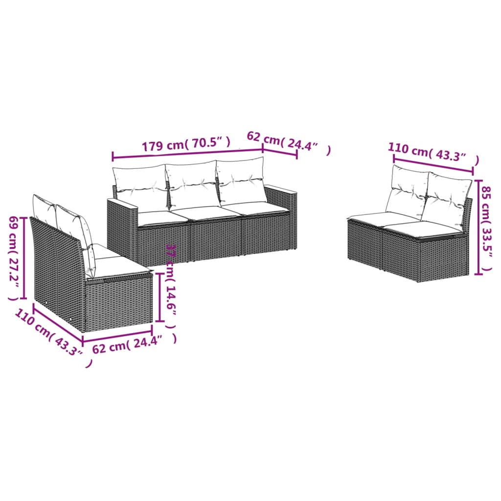 sofasæt til haven 7 dele med hynder polyrattan sort