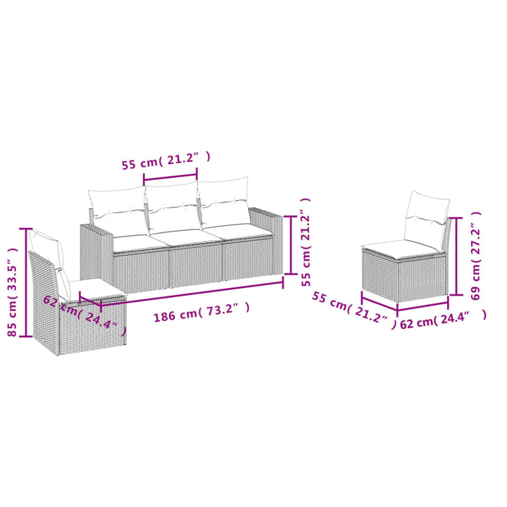 sofasæt til haven 5 dele med hynder polyrattan brun