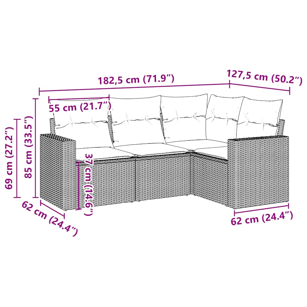 sofasæt til haven 4 dele med hynder polyrattan brun