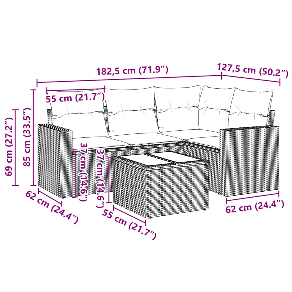 sofasæt til haven 5 dele med hynder polyrattan sort