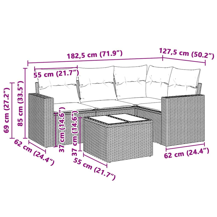 sofasæt 5 dele med hynder polyrattan lysegrå