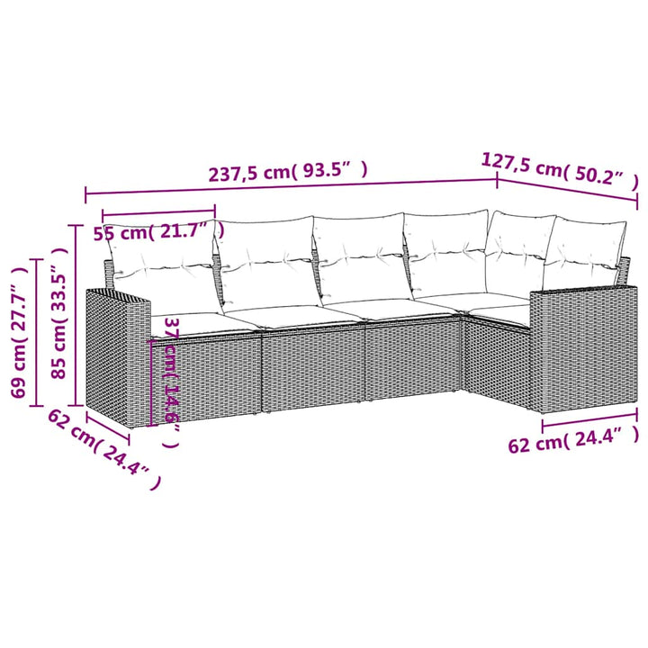 sofasæt 5 dele med hynder polyrattan lysegrå