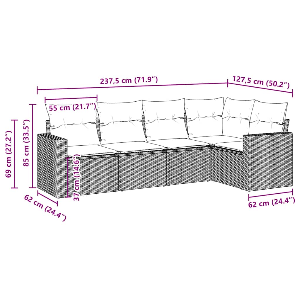 sofasæt til haven 5 dele med hynder polyrattan brun