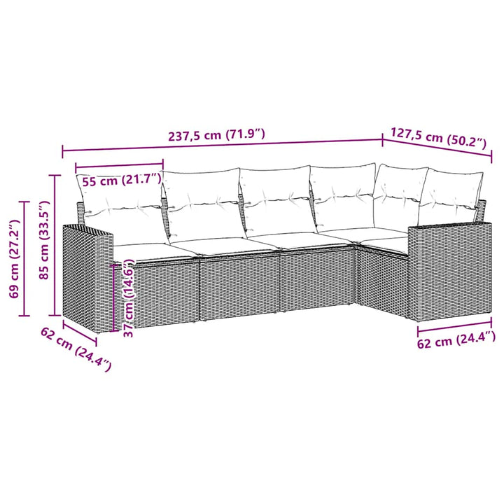 sofasæt til haven 5 dele med hynder polyrattan brun