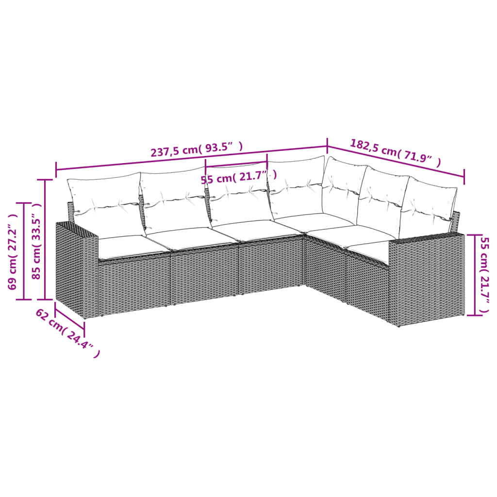 sofasæt til haven 6 dele med hynder polyrattan lysegrå