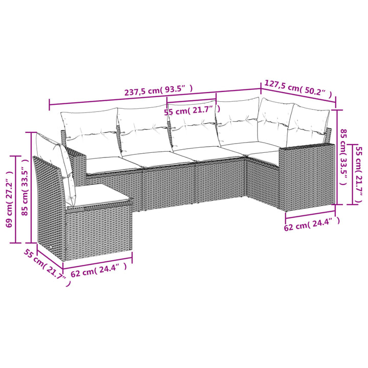sofasæt til haven 6 dele med hynder polyrattan lysegrå
