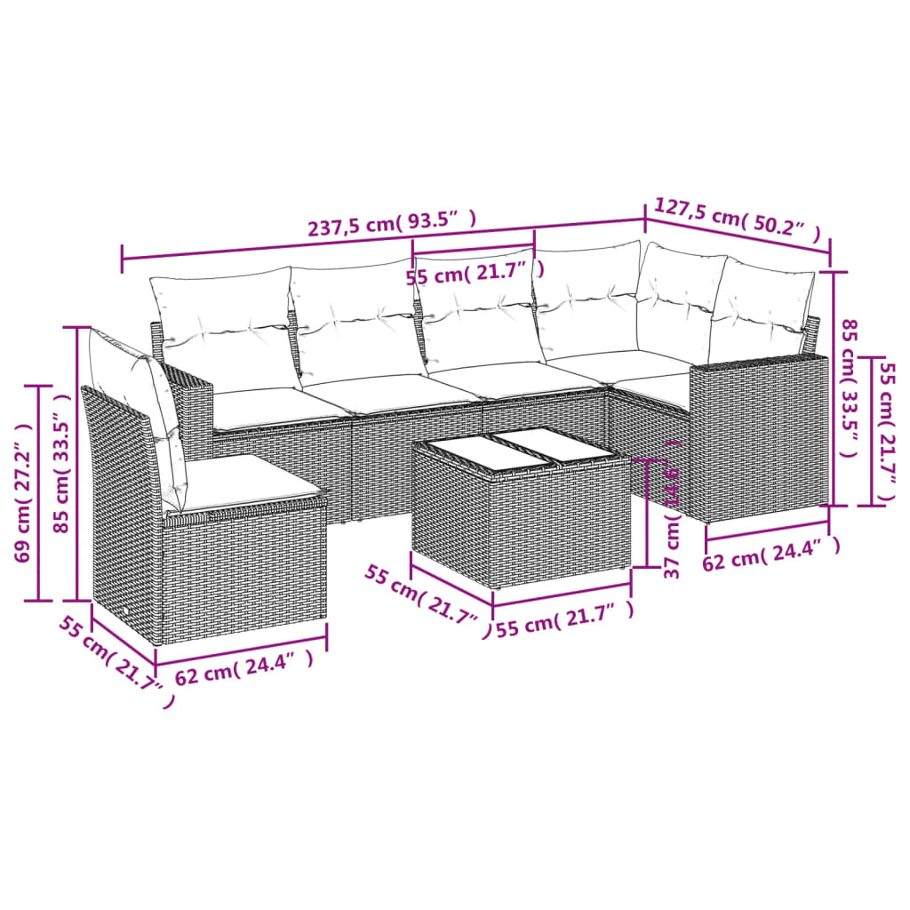 sofasæt til haven 7 dele med hynder polyrattan sort