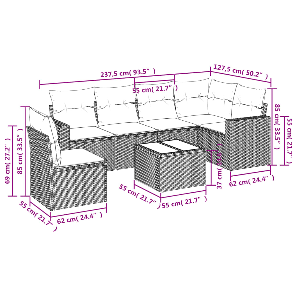 sofasæt til haven 7 dele med hynder polyrattan lysegrå