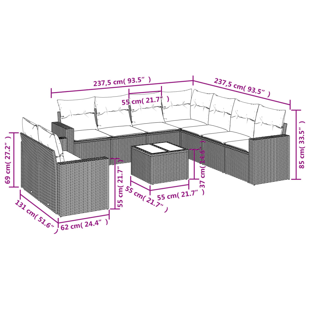 sofasæt til haven 10 dele med hynder polyrattan beige
