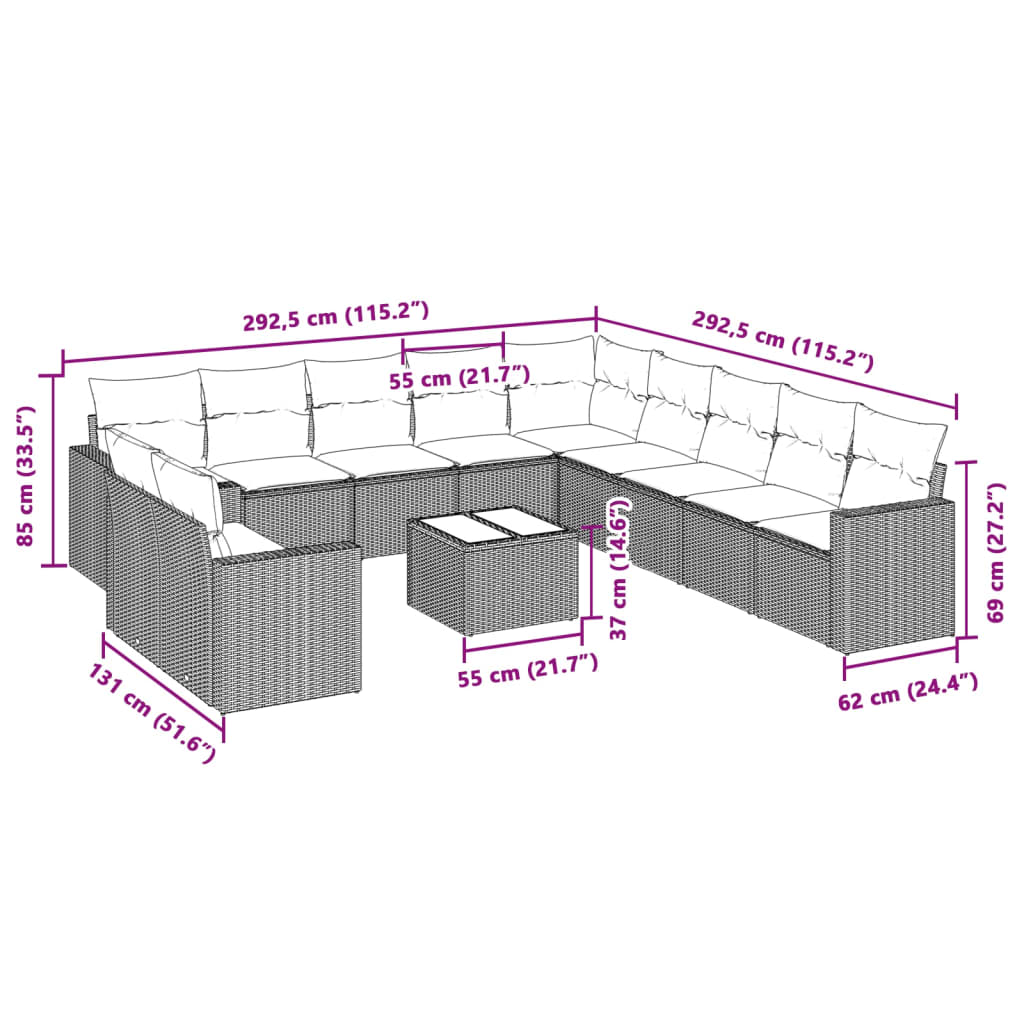 sofasæt til haven 12 dele med hynder polyrattan lysegrå