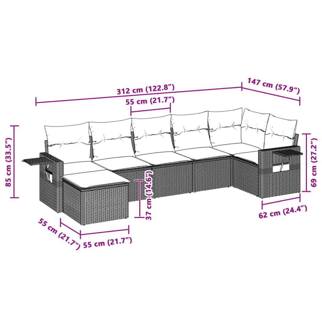 sofasæt til haven 7 dele med hynder polyrattan lysegrå