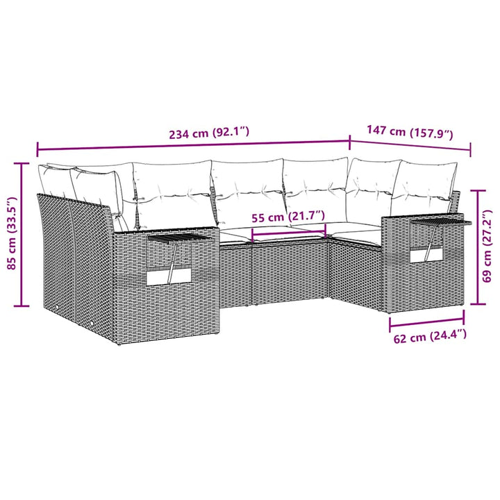sofasæt til haven 6 dele med hynder polyrattan brun