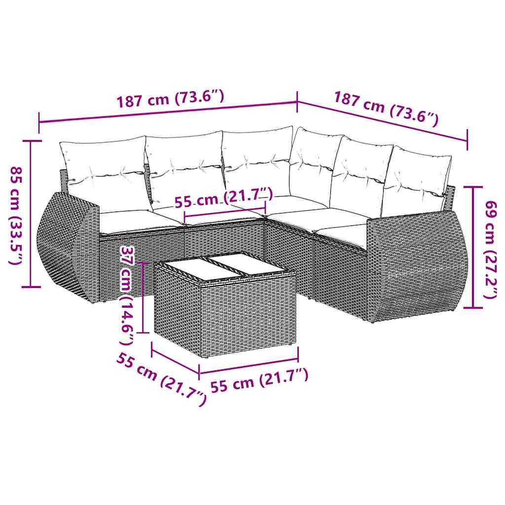 sofasæt til haven 6 dele med hynder polyrattan sort
